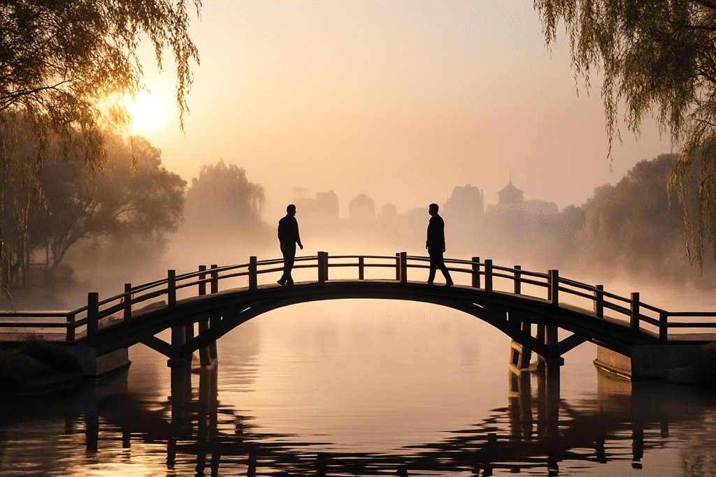 Two people walking across a traditional Chinese arched bridge at sunrise, surrounded by mist, calm water, and silhouetted trees, symbolizing partnership and trust