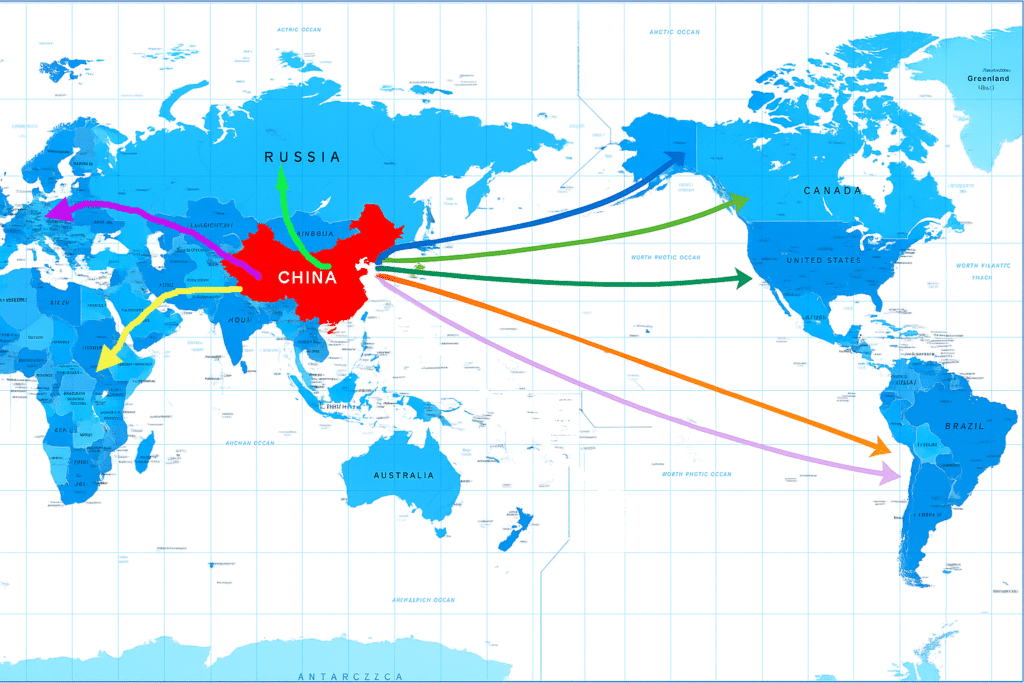 World map showing China in red with colored arrows illustrating China’s export and supply chain routes to the U.S., Europe, Africa, Russia, and South America.