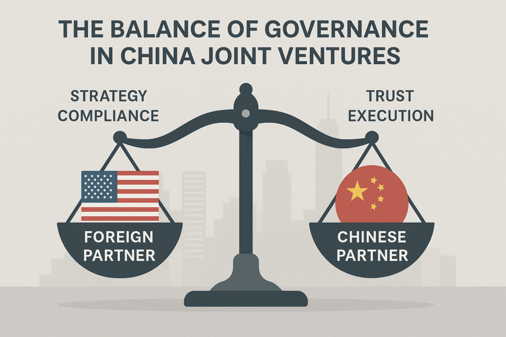 Infographic titled “The Balance of Governance in China Joint Ventures” showing a scale with the U.S. flag labeled Foreign Partner on one side and the China flag labeled Chinese Partner on the other, representing strategy, compliance, trust, and execution.
