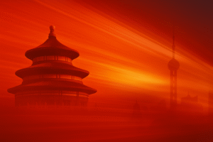 Temple of Heaven with diagonal crimson motion streaks and the faint silhouette of Shanghai’s Oriental Pearl Tower, symbolizing China’s rapid pace and modernization. Why Chinese Companies Move Faster.
