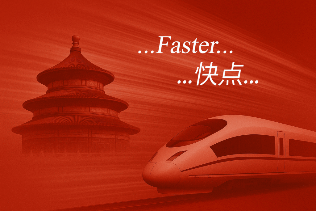 Crimson-toned illustration of the Temple of Heaven and a high-speed train with the words ‘Faster’ and ‘快点,’ symbolizing how Chinese companies move faster through a culture of speed and urgency.