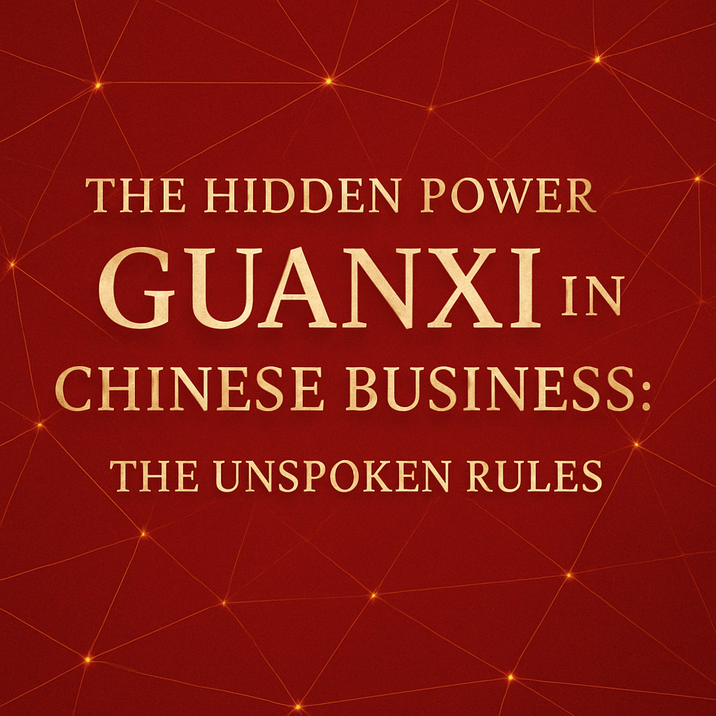 A deep red background with a gold network of interconnected lines and glowing nodes, featuring the title ‘The Hidden Power of Guanxi in Chinese Business: The Unspoken Rules’ in bold gold serif text.
