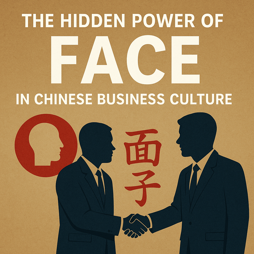 Two business professionals shaking hands beneath Chinese character for Face (mianzi), symbolizing the importance of Face in Chinese business culture.