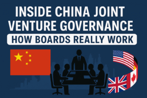 Feature image for blog ‘Inside China Joint Venture Governance: How Boards Really Work’ showing Chinese and Western flags, business executives in a board meeting, and a city skyline background.