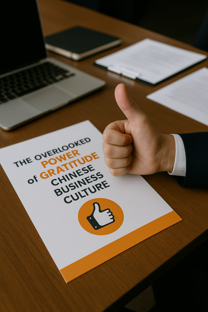 image of a thumbs up over a report on the table that says "The Overlooked Power of Gratitude in Chinese Business Culture"