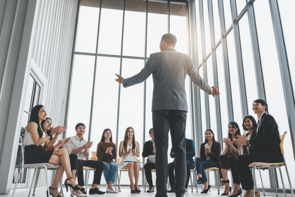 A business professional speaking to a seated group of colleagues in a bright, modern office as the team applauds.
