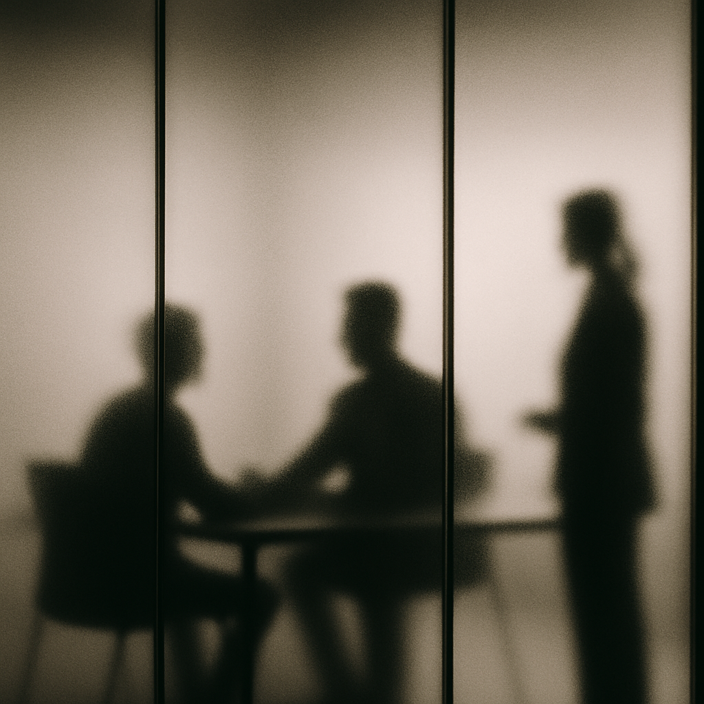 Silhouettes of three professionals behind frosted glass in a modern office, symbolizing hierarchy and difficulty with direct feedback in china