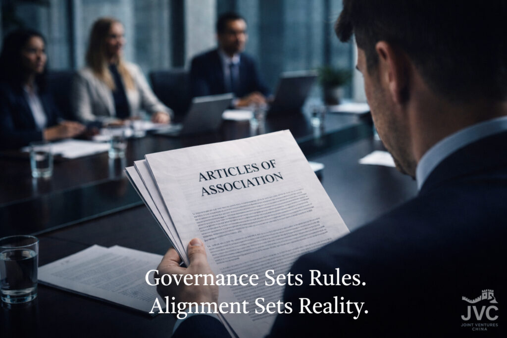 Executive reviewing Articles of Association during a board meeting, illustrating how governance structures alone do not ensure alignment in China joint venture challenges.