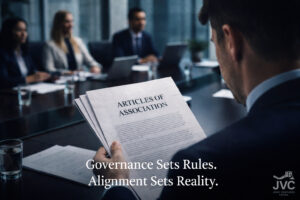 Executive reviewing Articles of Association during a board meeting, illustrating how governance structures alone do not ensure alignment in China joint venture challenges.