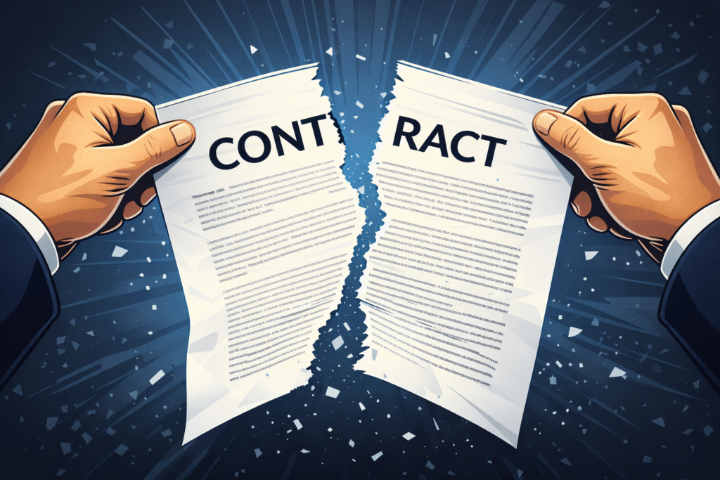 Illustrated hands tearing a contract in half, symbolizing the limits of contracts and formal agreements.