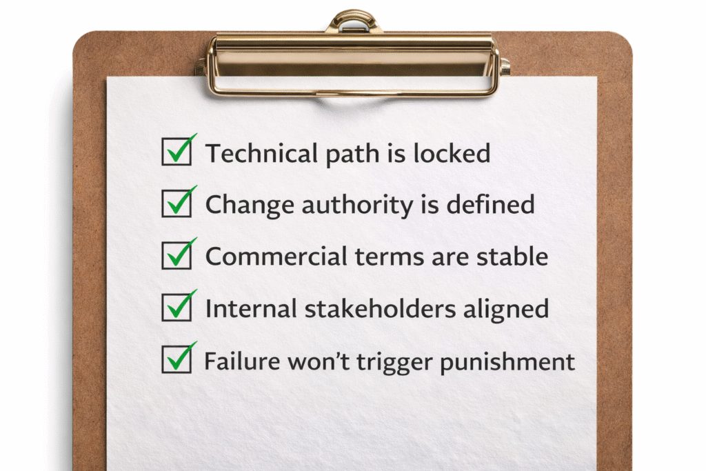 Clipboard checklist showing key factory execution prerequisites checked off, including locked technical path, defined change authority, stable commercial terms, aligned stakeholders, and no punishment for failure.