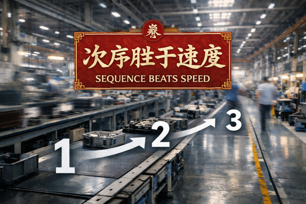 Chinese factory production line showing a numbered workflow from step 1 to 3 with a banner reading “Sequence Beats Speed,” illustrating how proper sequence enables faster execution.