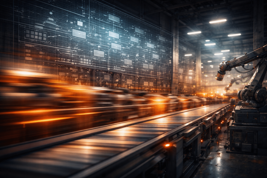 A fast-moving automated production line with robotic arms in a modern factory, illustrating visible speed driven by underlying systems and coordination.