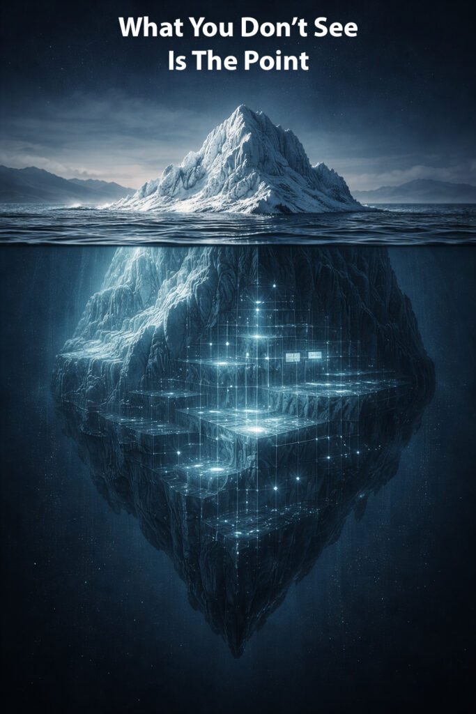 An iceberg floating in dark water, with most of its structured foundation visible beneath the surface, symbolizing how speed in China is driven by hidden alignment.