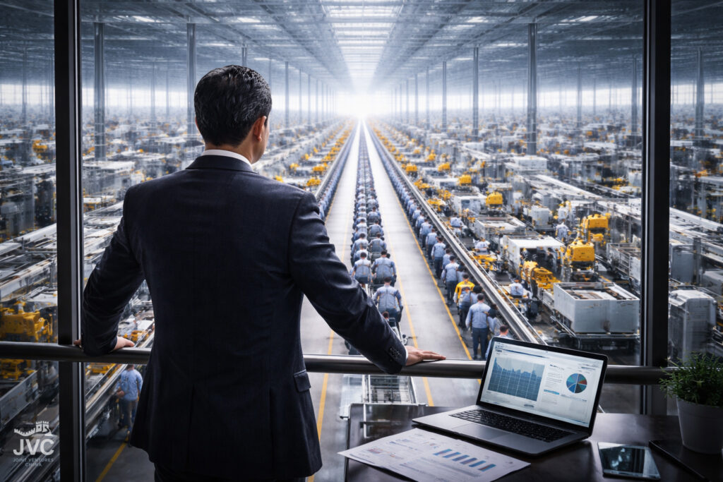 Senior executive overlooking a large-scale Chinese factory floor, observing synchronized production lines and workers, illustrating how business hierarchy enables speed and coordinated execution in China.