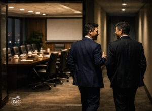 Two business executives talking while walking away from an empty conference room, illustrating how follow-up in China happens after meetings