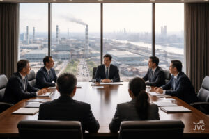 Chinese business decision making in executive boardroom showing hierarchy and risk alignment