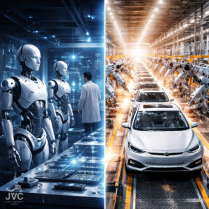 Humanoid robots in advanced research lab beside large-scale automated EV production line illustrating China innovation and scale convergence.