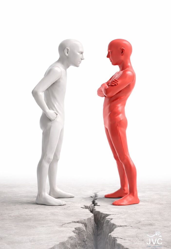 Abstract illustration of two figures facing each other across a cracked floor, representing how China responds to pressure with patience and controlled distance.