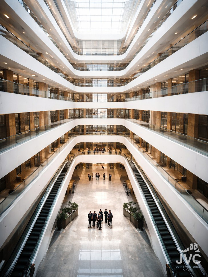 Multi-level corporate atrium with visible vertical layers, symbolizing Chinese business hierarchy and structured organizational alignment.