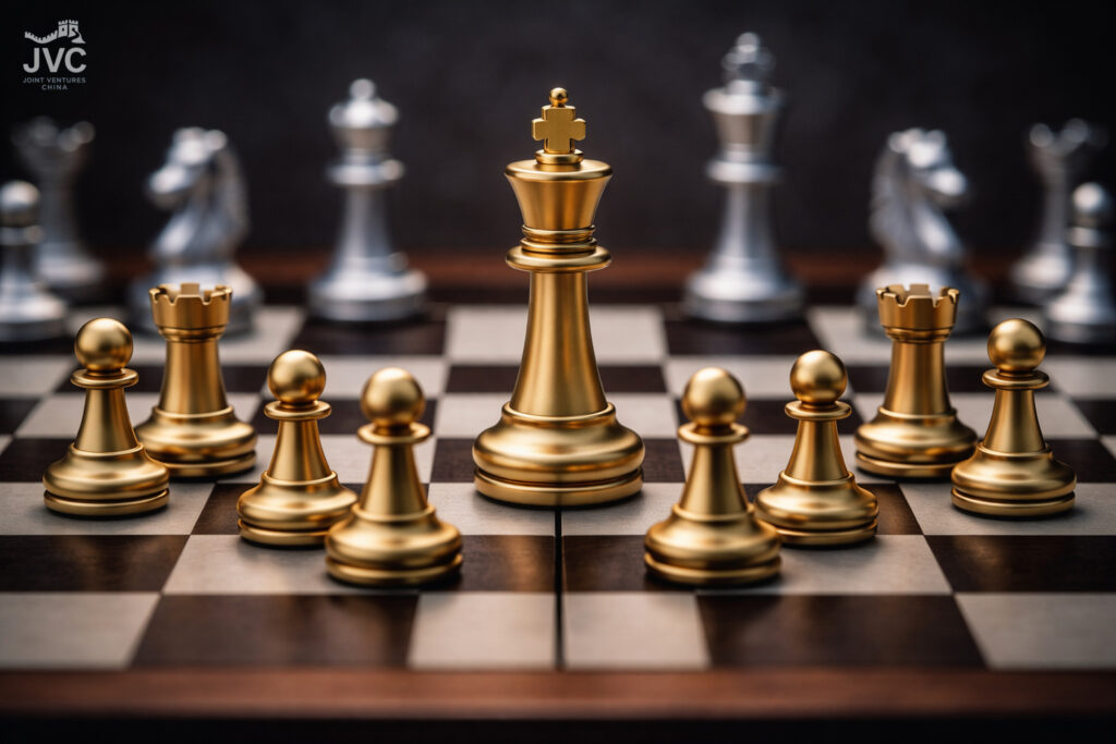 Chessboard with gold king piece representing Chinese business hierarchy and structured leadership driving speed.