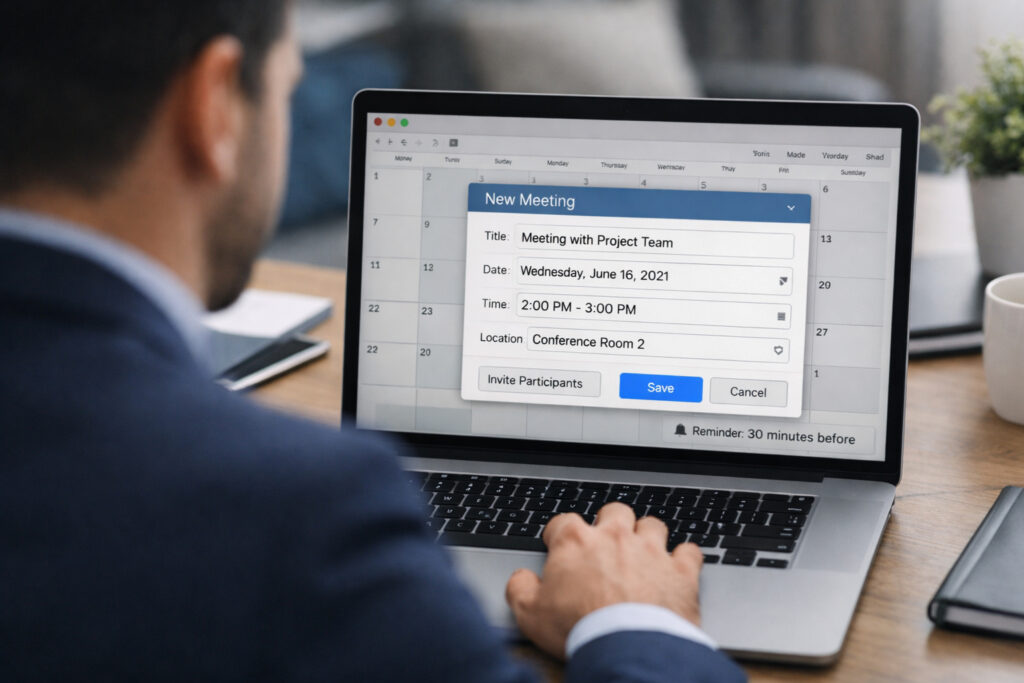 an image looking over a man's shoulder at a laptop scheduling a meeting date