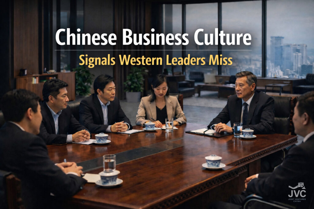 Chinese business leaders meeting around a large traditional wooden conference table illustrating Chinese business culture and the signals Western leaders often miss.