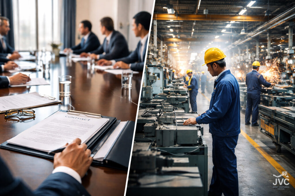 Who controls a China joint venture visual showing corporate contract meeting contrasted with factory floor operations and real execution