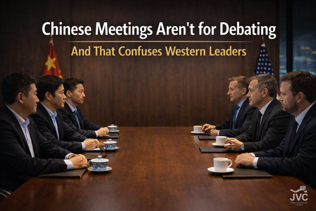 Chinese and Western executives meeting across a boardroom table illustrating differences in Chinese decision making culture and Western debate driven meetings