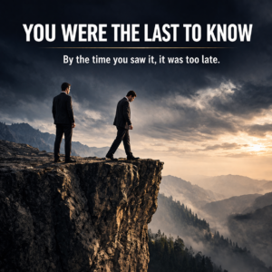 Chinese teams don’t escalate problems early, illustrated by two executives at a cliff edge where one steps forward too late while the other watches, symbolizing delayed awareness in leadership