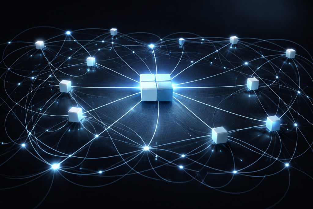 Futuristic network visualization showing a structured central cluster connected to a complex web of glowing nodes and interwoven connections on a dark background, representing scaling complexity and alignment challenges in organizations