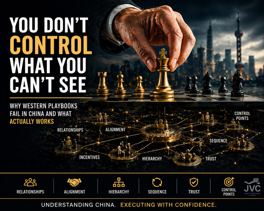 China business strategy concept image showing hidden alignment, execution systems, and stakeholder networks beneath a visible strategic decision in China