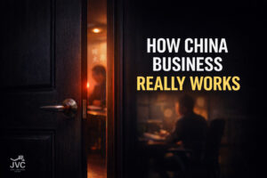 Partially open door revealing a business meeting in China, symbolizing behind the scenes how to do business in China