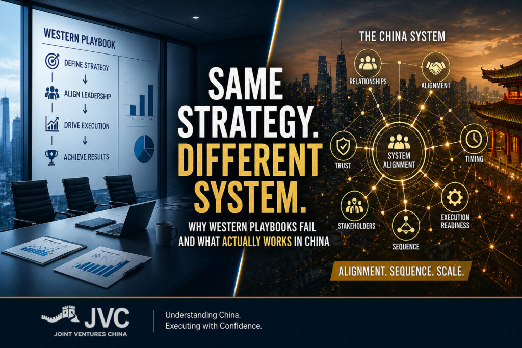 China business strategy comparison showing Western playbook versus China system, highlighting alignment, execution readiness, and stakeholder networks driving results in China