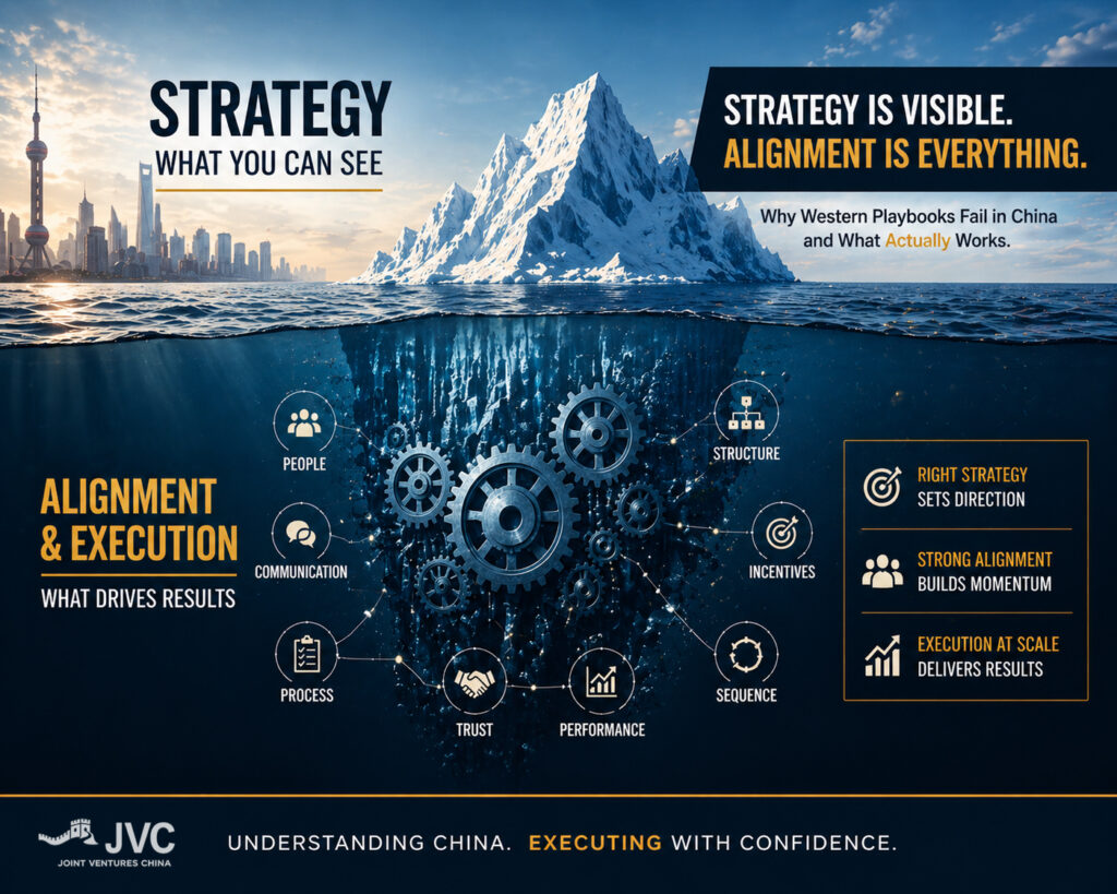 China business strategy iceberg visual showing visible strategy above water and hidden alignment, execution systems, and organizational structure driving results beneath the surface