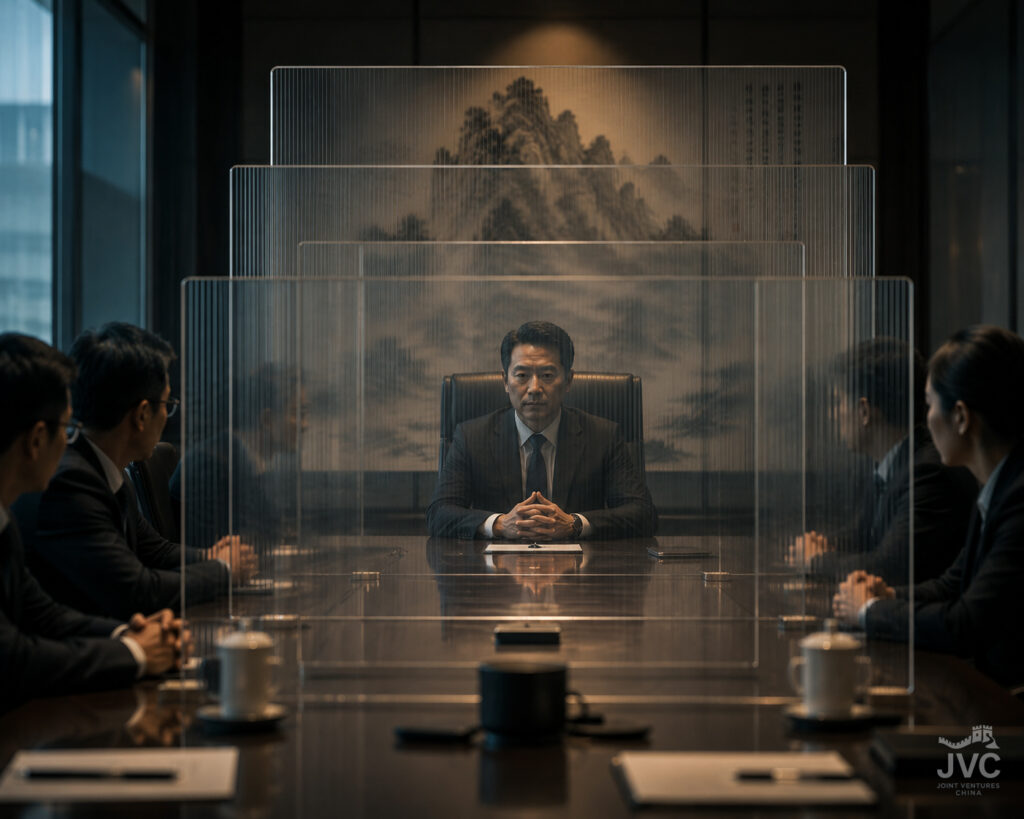 Executive seated behind layered glass panels in formal boardroom representing stability, hierarchy, and controlled communication inside Chinese management systems.