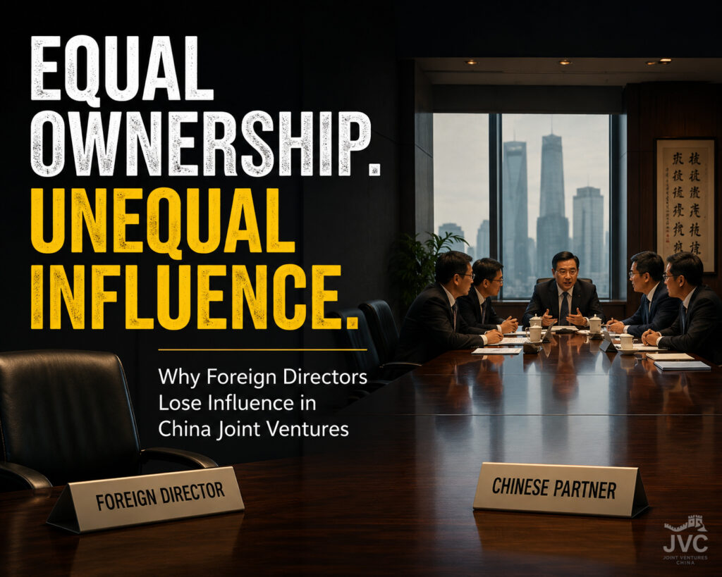 Boardroom scene illustrating unequal influence in a China joint venture, showing active discussion among Chinese executives while a foreign director position remains separated despite equal ownership.