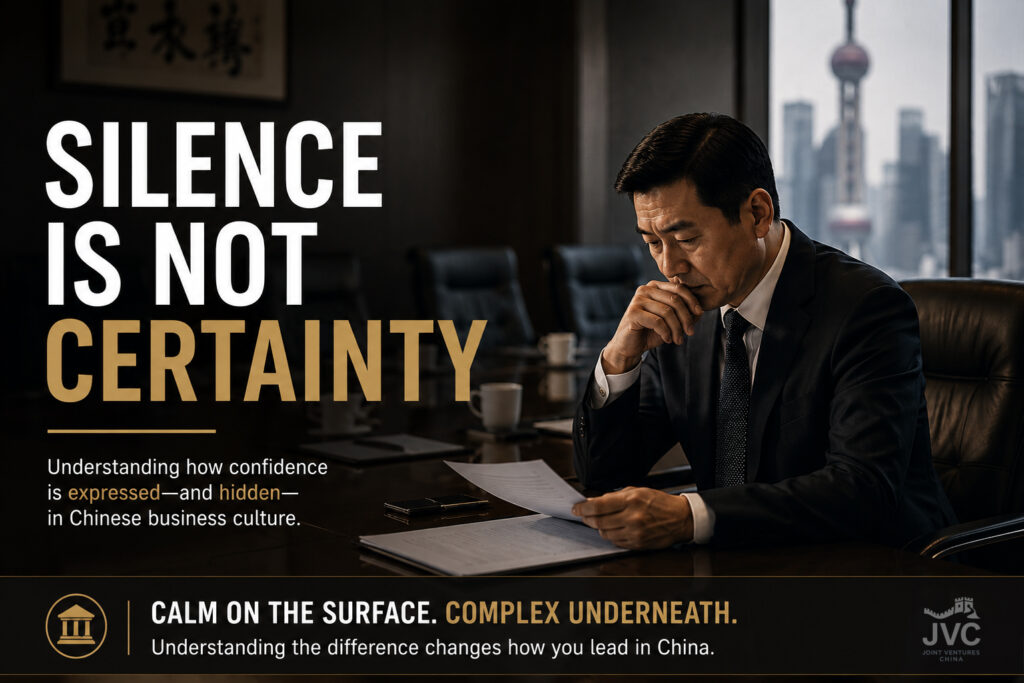 Chinese executive seated alone in a dark corporate boardroom reviewing documents beside a Shanghai skyline window with the headline “Silence Is Not Certainty,” illustrating hidden uncertainty, Chinese business confidence, and decision-making dynamics in Chinese business culture.