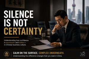 Chinese executive seated alone in a dark corporate boardroom reviewing documents beside a Shanghai skyline window with the headline “Silence Is Not Certainty,” illustrating hidden uncertainty, Chinese business confidence, and decision-making dynamics in Chinese business culture.