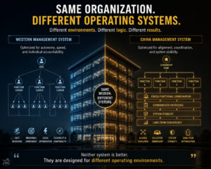 Split-building illustration comparing Western management systems and Chinese organizational systems designed for different business environments and execution structures.