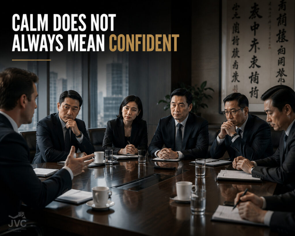 Chinese executives sitting silently in a tense corporate boardroom while a Western executive speaks, illustrating hidden uncertainty, Chinese business confidence, and calm communication in Chinese leadership culture.