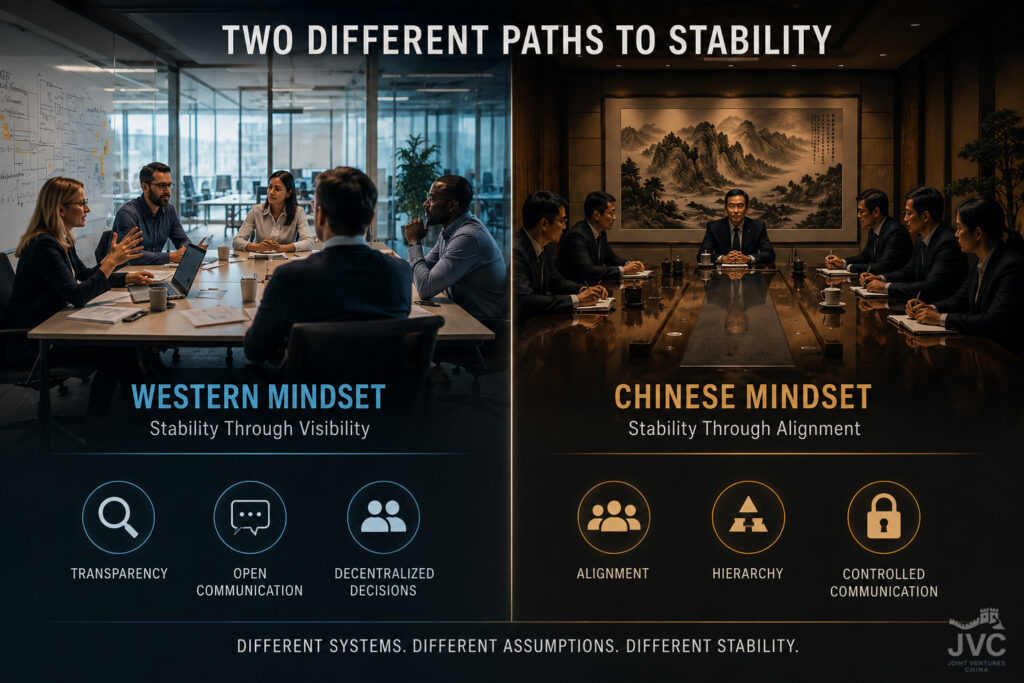 Comparison of Western and Chinese management systems showing visibility-based versus alignment-based organizational stability.