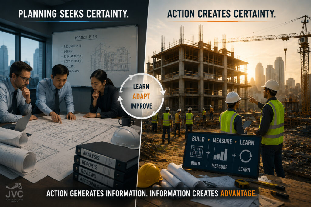 Construction project team reviewing plans contrasted with active building site illustrating how action creates certainty through testing, learning, and continuous improvement.