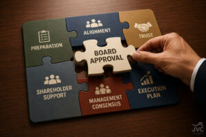 Illustration of a China joint venture board approval puzzle showing alignment, preparation, trust, management consensus, shareholder support, and execution coming together before formal Board approval.
