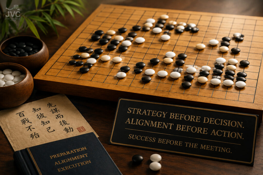 Go board illustrating strategic planning and alignment before formal approval by a China joint venture board, symbolizing preparation before Chinese board meetings.