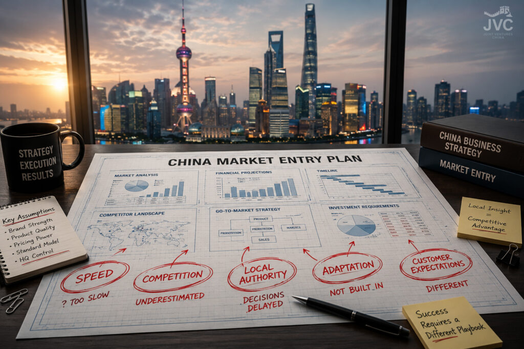 China market entry strategy plan with annotated revisions highlighting common mistakes companies make when entering the China market