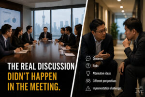 Chinese business meeting showing visible agreement during a formal conference room discussion and a private follow-up conversation addressing concerns, risks, alternative ideas, and implementation challenges. Illustration of hidden disagreement, decision-making, and communication patterns in Chinese business culture.