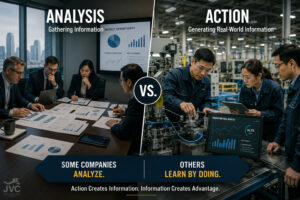 Business team analyzing reports in conference room contrasted with manufacturing engineers conducting real-world production trials illustrating Chinese business speed through learning by doing.