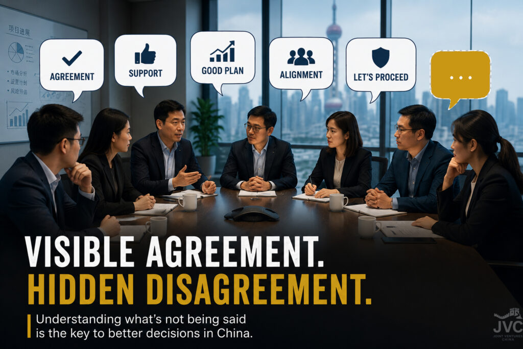Chinese business meeting illustrating visible agreement and hidden disagreement during a formal discussion. Team members display support and alignment while an empty speech bubble symbolizes unspoken concerns, communication patterns, and decision-making in Chinese business culture.