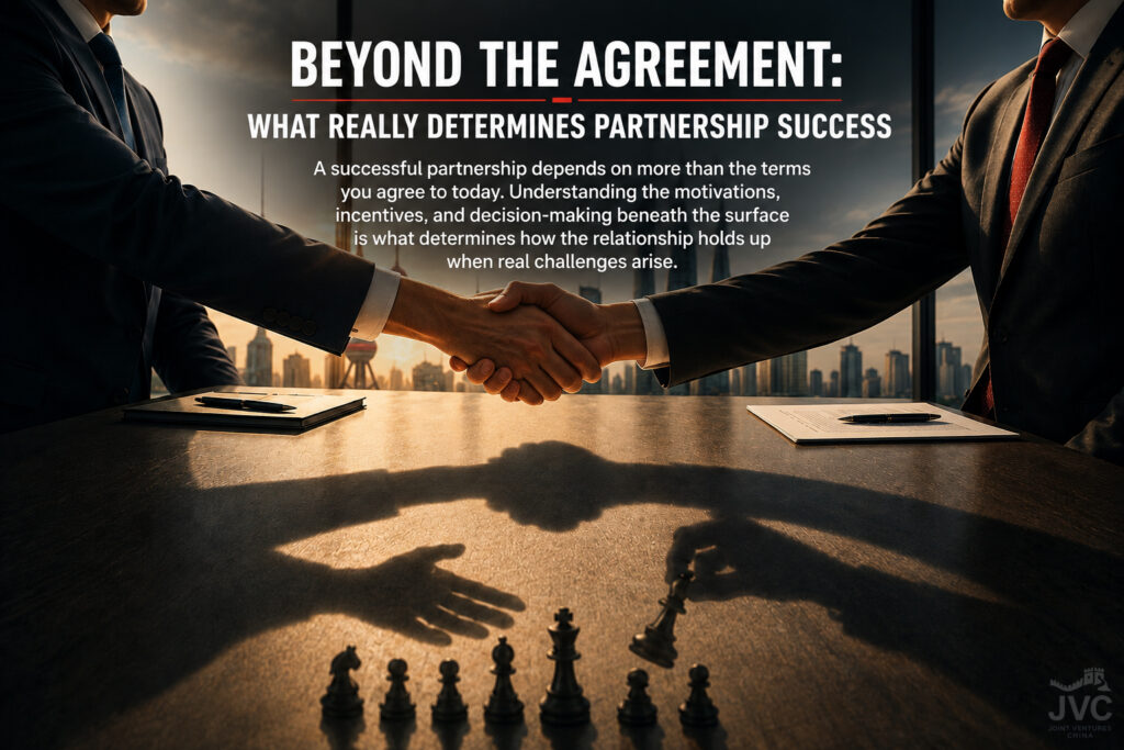 Two executives shake hands across a conference table while shadow figures play chess, illustrating that choosing a China partner requires understanding motivations, incentives, and decision-making beyond the agreement.